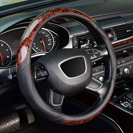 KAFEEK Small Size 14 inch Wood Grain Steering Wheel Cover, Black Microfiber Leather, Compatible for Prius Civic 14-14.25 inch Steering Wheel