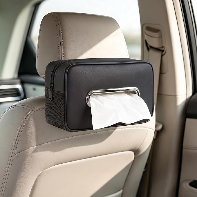 Car Tissue Box Holder PU Leather Car Organizer with Side Storage Pockets | Tissue Box Cover, Fits 120-160 Standard Rectangular Tissue Boxes, Large Capacity Backseat Tissue Organizer for Car SUV Truck