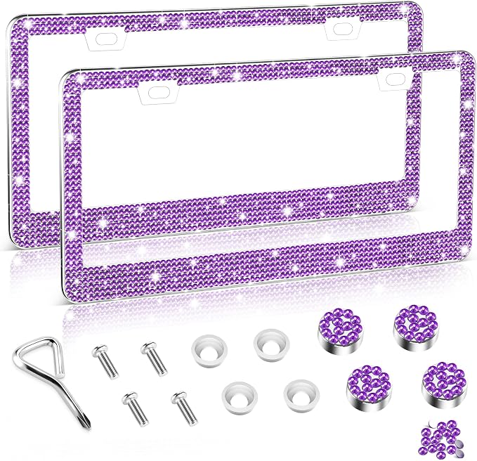Amiss Bling License Plate Frame for Women, 2Pack Rhinestone Handcrafted Crystal Premium Stainless Steel, Stainless Steel Car Decorative Accessories with Diamond Sparkle Glitter Caps (Purple)