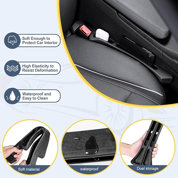 Car seat Gap Filler 2-Piece Multi-Functional Storage Belt with PU Material, seat Side Gap Filler to Prevent Items from Falling, Universal for Cars, SUV, Trucks (Black)