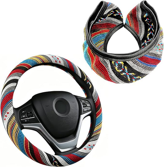 Boho Flax Cloth Steering Wheel Cover, Hippie Baja Blanket Anti-Slip Breathable Protector, Universal Fit 14.5-15 Inch for Cars SUV Van Truck, Women Car Interior Accessories (Style A)