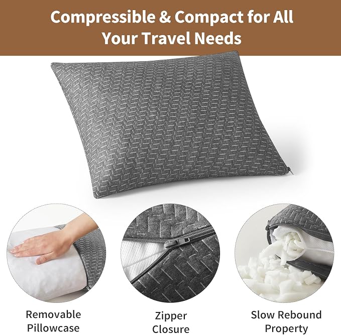 Small Shredded Memory Foam Pillow, Camping Pillow Travel Pillow - Compressible Medium Firm, Breathable Cover, Ideal Backpacking Hiking, Airplane and Car
