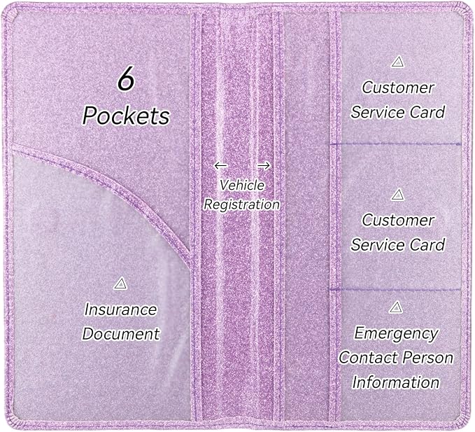Car Registration and Insurance Holder, Bling Premium Pu Leather Vehicle Glove Box Organizer, Prefect Leather License Registration Holder for Driver License, Cards & Essential Documents (Purple)