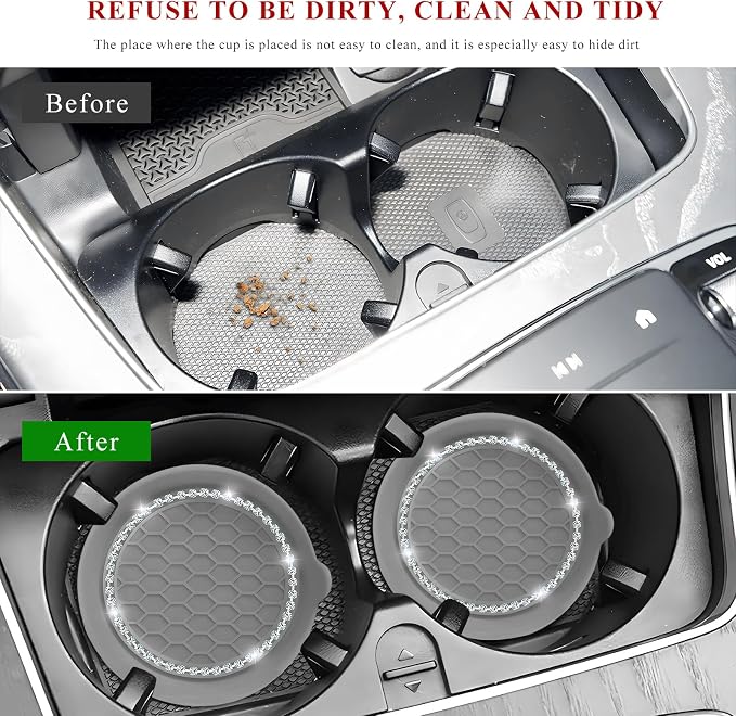 Sun Walker 4 PCS Bling Car Cup Holder Coaster, Non Slip Sparkly Rhinestone Cup Holder Pad Insert Coaster, Shockproof Silicone Shiny Embedded Drink Mat Interior Decor for Most Vehicles (Gray)