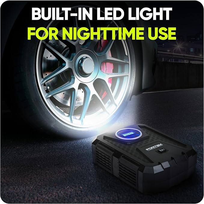 FORTEM Tire Inflator Portable Air Compressor, Air Pump for Car Tires and Bikes, Car Tire Pump w/Auto Shut Off, 150 PSI, 12V DC, LED Light, Carrying Case, Perfect For Men, Women