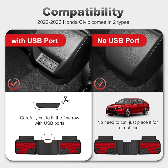 Rubber Floor Mats for Honda Civic Sedan Hatchback Si 2022-2026 | Include Sport but Not for Hybrid, All Weather Car Floor Liners Fit for Acura Integra 2023-2026, 1st & 2nd Row, Black & Red,