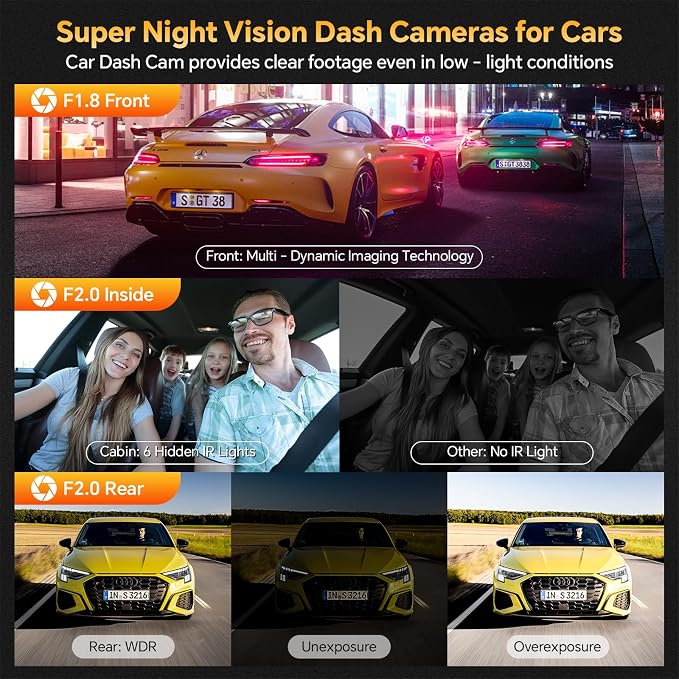 3 Channel 4K Dash Cam Front Rear and Inside with 5G WiFi & APP Control | 4K/2.5K+1080P+1080P Dashcam for Car, Dash Camera with 64GB Card, 24H Parking Monitor, Night Vision, Loop Recording, G-Sensor