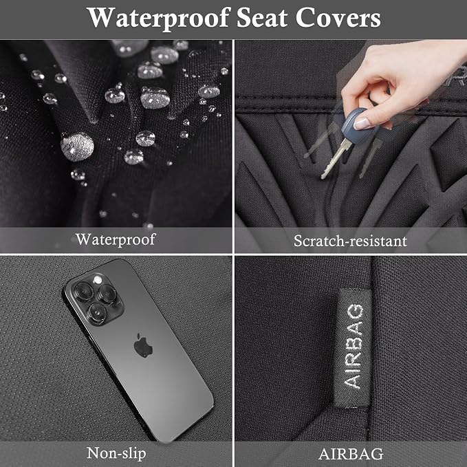 CAR PASS Neoprene Waterproof Seat Covers,Wetsuit Car Seat Covers Front Seats Universal Fit for Vans, Truck, SUV Two Front Only, 3D Tyre Embossed Anti Slip with Armrests, Airbag Compatible(Black)
