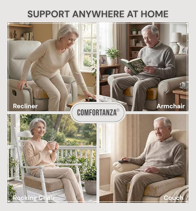 Soft 20x20x5 Memory Foam Recliner Chair Seat Cushion for Long Sitting - Armchair Pad with Washable Velvety Cover & Non-Slip Base for Seniors & Elderly - Beige