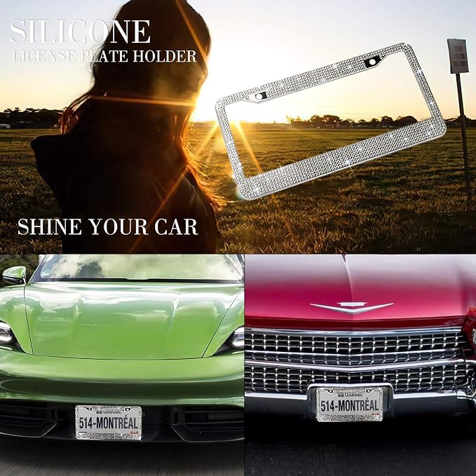 OKLPF Bling License Plate Frame for Women, White Sparkly Stainless Steel License Plate Frames| Over 1200 pcs 14 Facets Bedazzled Clear Glass Rhinestone Crystals w/Free Glitter Diamond Box, 1 Pcs