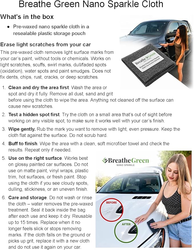 Breathe Green Nano Sparkle Cloth Car Scratch Remover, Advanced Nanotech | Reusable Nanosparkle Cloth for Car Scratches, Repair and Buffer, Nanotechnology Safe for All Cars, Colors & Clear Coats