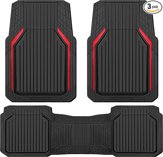 CAR PASS Heavy Duty Rubber Floor Mats for Car, Waterproof Liner Deep Dish Car Mats Full Sets, Universal Trim to Fit for SUV Truck Sedans Vans, All Weather Automotive Floor Mats 3pcs, Black Red