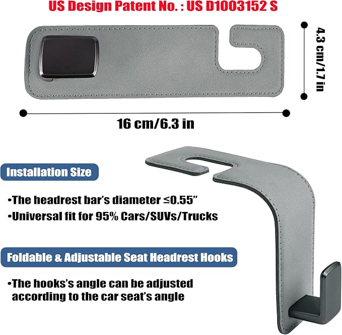 Amooca Car Seat Back Hook Universal Auto Storage Hanger Suede with Metal Car Seat Organizer for Handbag Purse Coat Umbrellas Grocery Bags 2 Pack Light Gray