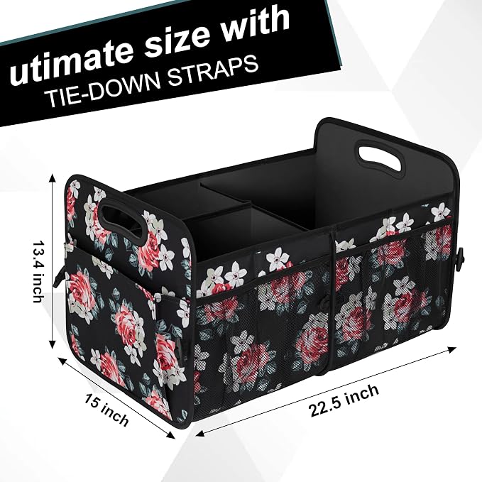 Femuar Car Trunk Organizer,Car Storage Organizer with 72L Large Capacity Waterproof Collapsible and 11 Pockets,Trunk Organizer for Car Suv/Jeep/Sedan, Large Size, Flower