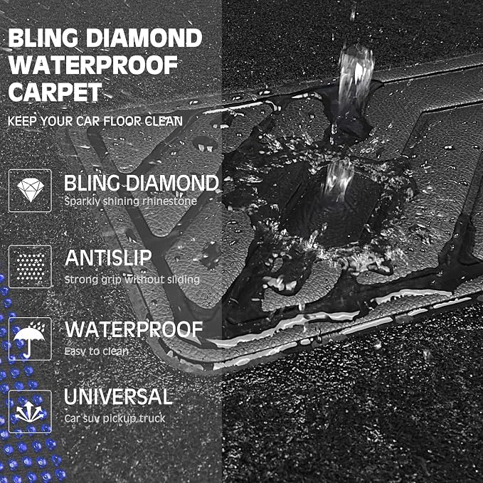 CAR PASS Bling Rhinestones Diamond Car Floor Mat,Sparkly Glitter Shining Crystal Carpet Anti-Slip PVC Heel Pad Waterproof Universal for Automotive SUV,Sedan,Van,4pcs Girl Pretty Women Men Black Blue