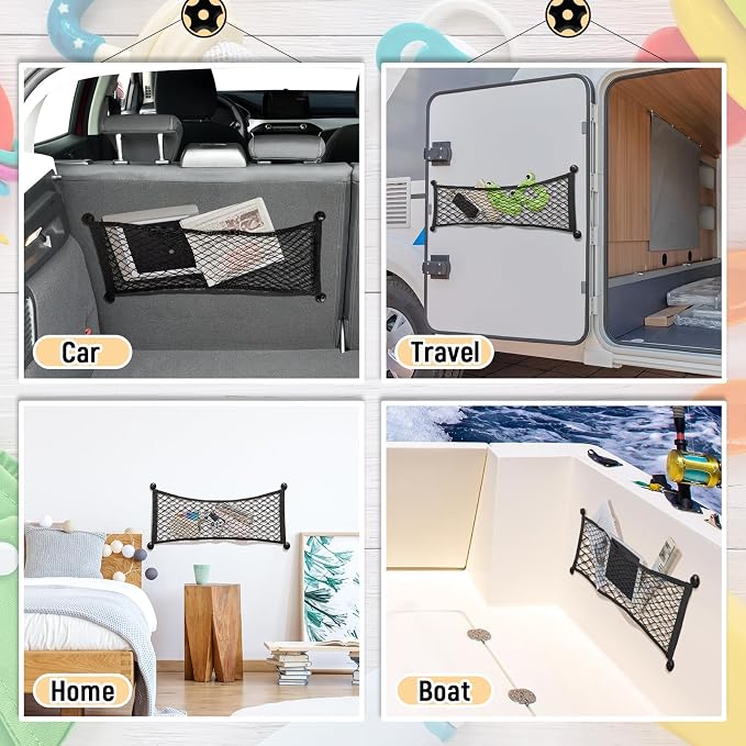 Frienda 2 Pcs 29 x 9.8 Inches Stretchable Small Cargo Net Pocket Boat Storage Mesh Net Elastic Automotive Storage Pouch with Mounting Screws and Hooks for Truck Car SUV Boats
