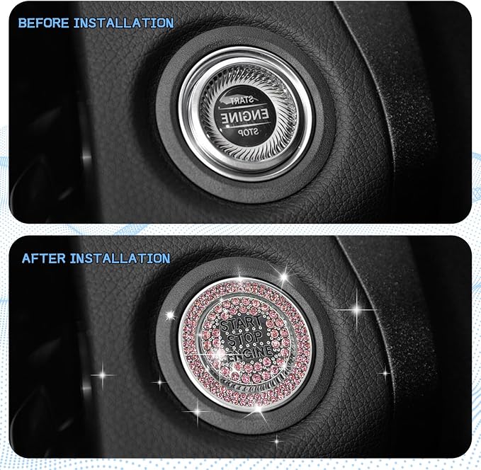 2PCS Rhinestone Push Start Button Cover Bling Car Accessories for Women, Sparkly Diamond Push to Starter Stop Button Decorative Cover, Key Ignition Knob Ring Crystal Emblem Sticker(Pink)