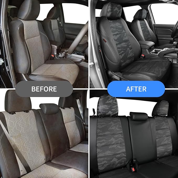 EKR Tacoma Leather Car Seat Covers Custom Fit for Toyota Tacoma 2012 2013 2014 2015 (Regular Seats) - Truck Seat Covers Full Set,Faux Leather(Black/Gray Camo A122)