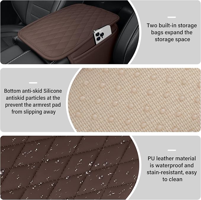Amiss Car Center Console, Upgraded Leather Car Armrest Cushion with 2 Storage Pockets, Universal Waterproof Cushion Pad, Non-Slip Car Interior Accessories, Fits Most Sedans SUVs Trucks (Brown)