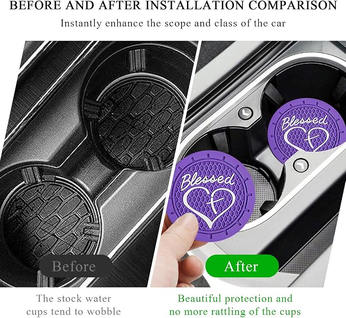 KVAEY 2 PCS Car Cup Holder Coasters, 2.76 Inch Anti Slip Vehicle Drink Mats with Cute Blessed Cross and Heart, Shockproof, Universal Car Accessories (Purple, 2 PCS)