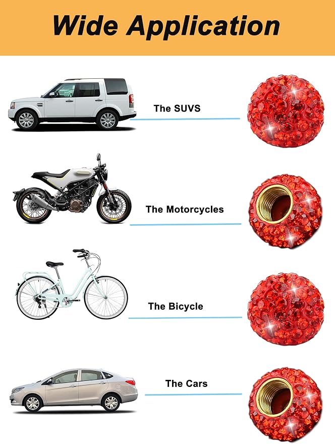 Car Wheel Tire Valve 4 Pack Handmade Crystal Rhinestone Tire Valve Stem Air Caps Cover Bling Car Accessories (Red)
