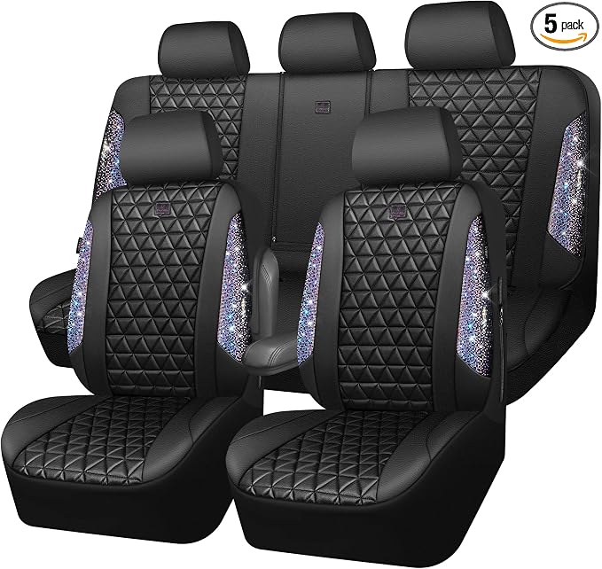CAR PASS Bling Diamond Black Leather Car Seat Covers Full Set Interior Sets, Waterproof Shining Glitter Sparkly Crystal Armrest Fit Automotive Truck SUV Cute Women Girl, Bedazzed Iridescent Rhinestone