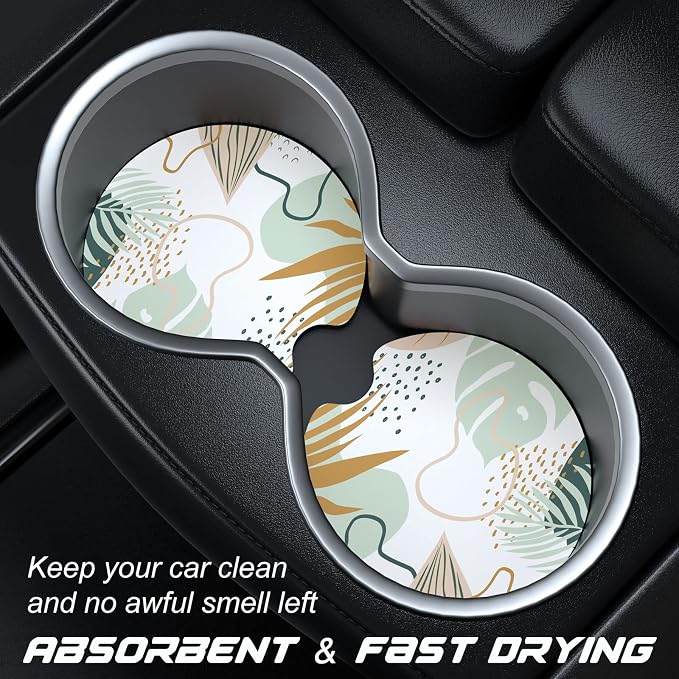 Aiawoxc Car Cup Holder Coasters, 2 Pack Universal Auto Anti Slip Insert Coaster with A Finger Notch, Cute Car Assecories for Women Men, Cup Mat for Most Interior, Boho Leaves