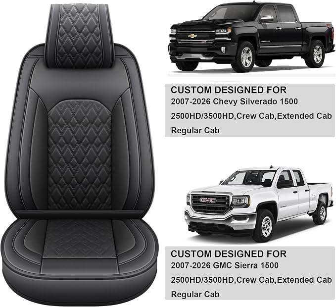 JOJOBAY Chevy Silverado Seat Covers,Leather Seat Covers for GMC Sierra,Custom Fit 2007-2026 1500 2500HD 3500HD Crew Double Extended Regular Cab,LT LZT RST Trail Boss(Front Pair,Black)