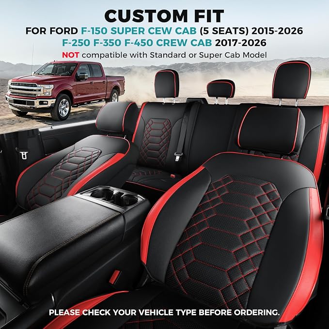 Seat Covers for Ford F150 2015-2026 SuperCrew & Ford F250 F350 F450 Super Duty 2017-2026 Crew Cab, Faux Leather Waterproof Pickup Truck Seat Covers (5 Seats) Interior Accessories