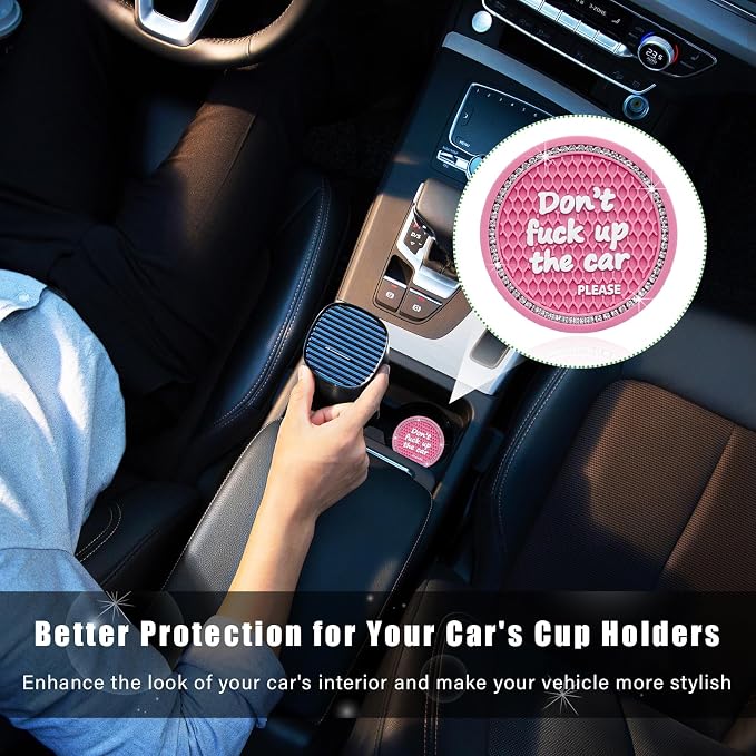 Ziciner 4 Pack Bling Car Cup Holder Coaster, 2.75 Inch Anti-Slip Auto Insert Cup Coaster, Crystal Car Drink Cup Mat Perfect for Women Girls, Universal Interior Decor Accessories (Pink)