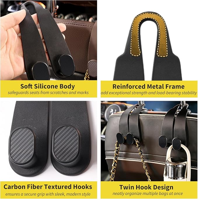 WEIHAO Purse Hook for Car Headrest, Silicone Car Seat Back Storage Hook, Twin Hooks Carbon Fiber Textured Car Headrest Hangers, Bag Holder for Sedan, Trucks, SUVs, Most Vehicles (Black-4PCS)
