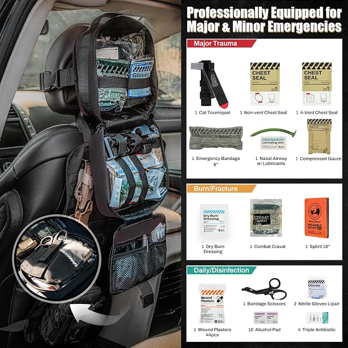RHINO RESCUE Vehicle IFAK Trauma Kit with CAT Tourniquet Black | Car Headrest Pack, Molle System, TCCC Compliant, Trauma First Aid Kit, Vehicle/Backpack Mount, HSA/FSA Approved
