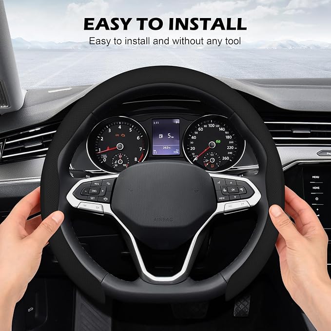 Frani Nappa Leather Steering Wheel Cover, 15 Inch, Black | Universal Fit, Non-Slip Breathable, Comfort Grip for Cars Trucks SUVs, Anti-Slip Durable