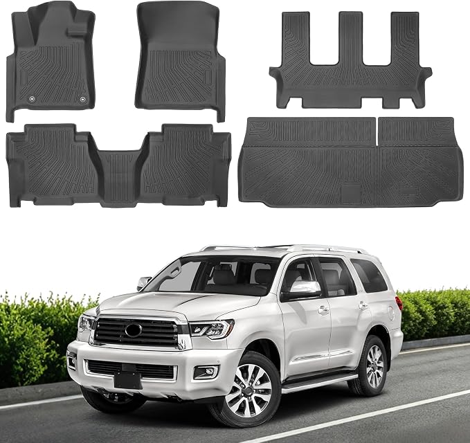 Floor Mats for Toyota Sequoia 2012-2022 8 Seat, Custom Fit TPE Liners | All Weather Floor Liners Fit Sequoia Heavy Duty Car Mats 1st & 2nd & 3rd Row & Trunk Mat Accessories Odorless Anti Slip Black