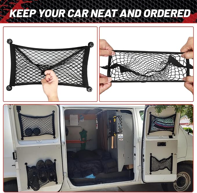 RED WOLF 2 Pcs Small Cargo Net Pocket Elastic Mesh Netting Car Mesh Pouch for Trunk RV Boats Home Cargo Storage with Screws and Hooks (17.7'' x 9.8'')