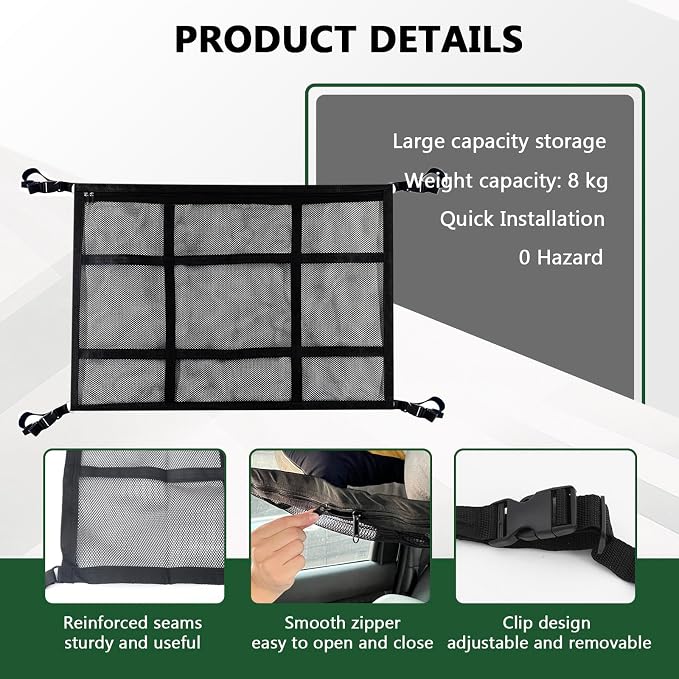Car Ceiling Cargo Net Double Layer Mesh Organizer | 35.43"x25.59" Auto Roof Storage with Reinforced Buckle Fastener, Universal Camping Essentials for Cars, Vans, SUVs