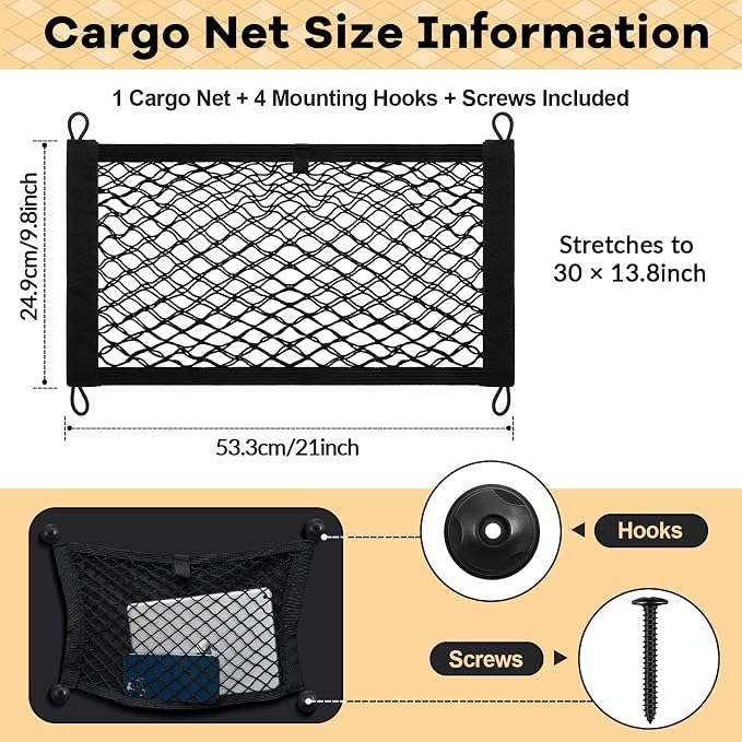Frienda 2 Pcs 21 x 9.8 Inches Stretchable Small Cargo Net Pocket Boat Storage Mesh Net Elastic Automotive Storage Pouch with Mounting Screws and Hooks for Truck Car SUV Boats
