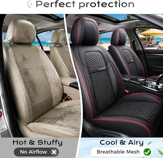 Coverado Car Seat Covers Front Seats, Waterproof Front Seat Covers Nappa Leather Seat Covers for Cars, Breathable Summer Car Seat Cushion Universal Fit for Most Cars SUV Trucks(Front, Black)