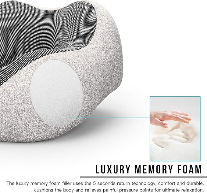 MLVOC Neck Pillow for Traveling, Upgraded 100% Pure Memory Foam Travel Neck Pillow for Airplane Flight Sleep, Breathable & Machine Washable Cover, Travel Kit with 3D Eye Mask, Earplugs & Bag, Grey | memor foam