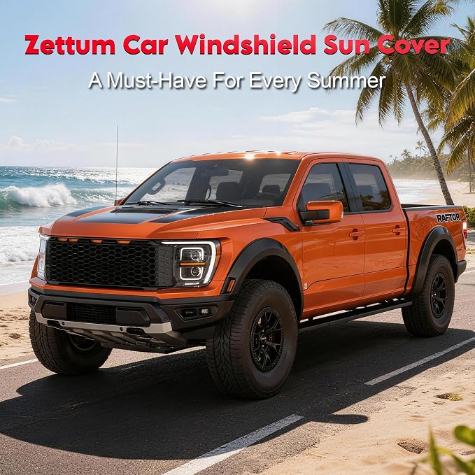 Zettum Truck Windshield Sun Cover - 600D Windshield Sun Shade Window Cover for Pickup Truck Heavy Duty, Outside Summer Sunshade Protector for Ford F150, Silverado, GMC Sierra, Ram, Van, and More