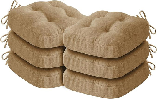 IASEAHK Chair Cushions for Dining Chairs, Dining Chair Cushions, Tufted Indoor Chair Pads with Ties & Non Slip Backing, Seat Cushions for Kitchen Chairs 16.5” x 16.5” x 3.5”, Set of 6, Khaki