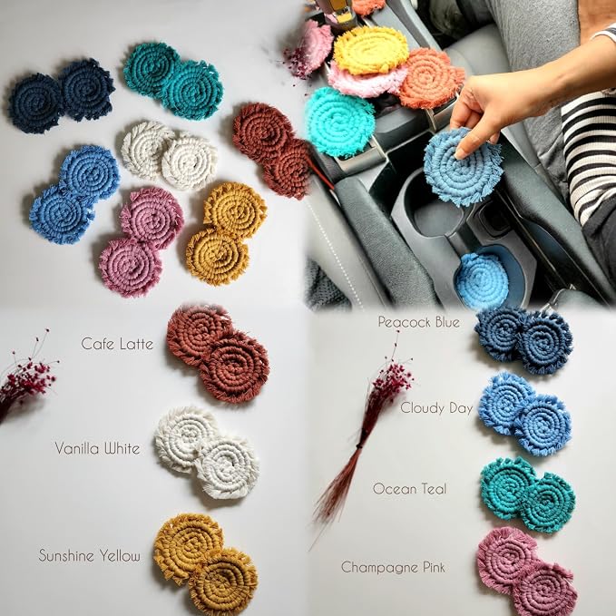 Cotton Car Coasters for Cup Holders, 2PC Car Cup Coasters, Drink Coaster Holder, Cute cupholder Coaster Accessories for Women, Macrame, Boho (Vanilla White)