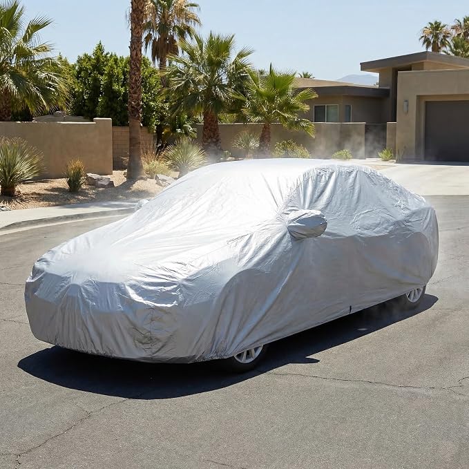 Operitacx Universal Car Cover for Sedan and SUV - All Weather Waterproof, Windproof & UV Protection - Premium Silver Coated Breathable Outdoor Full Exterior Cover