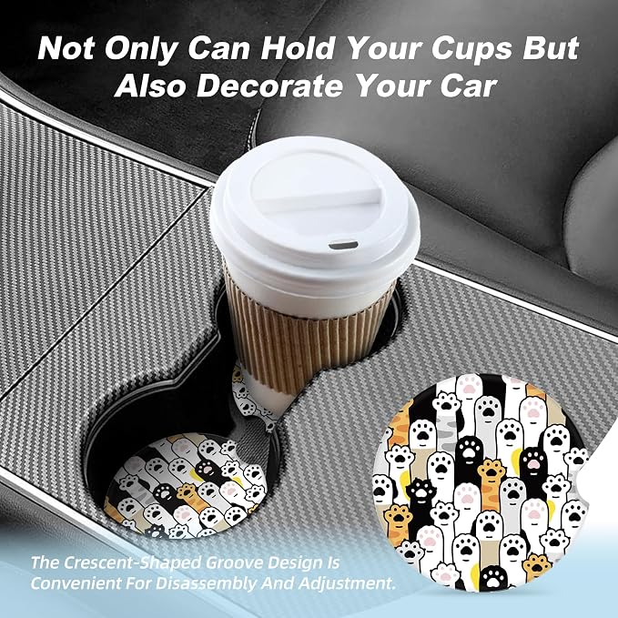 Cute Cat Paws Car Coasters for Cup Holders,2 Pack Car Cup Holder Coasters for Car,Ceramic Absorbent Car Coaster with A Finger Notch and Cork Base,Car Interior Accessories for Women Men