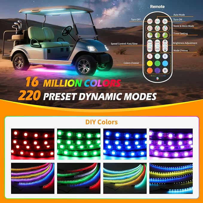 DREAMOTOR 6pcs Golf Cart Underglow LED Strip Lights,Dream Color Golf Cart Lights W/Remote&APP Control Sound Active Music Sync 12V - 80V Input Neon Accent Light Kit Compatible with EZGO Yamaha Club Car
