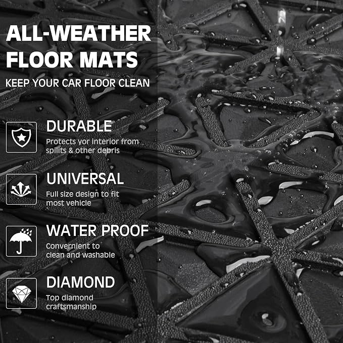 CAR PASS Bling Diamond Car Mats Rubber Floor Mats Full Set Anti-Slip 3D Rhombus Waterproof Trim to Fit Liner Universal Glitter Crystal Sparkly Shining Rhinestone Girl Women SUV Sedan Van, Black Red