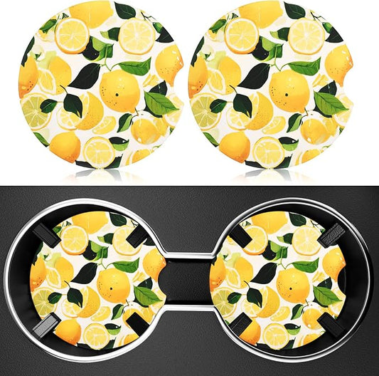 2 Pack Car Cup Holder Coaster, 2.63 inch Anti Slip Insert Absorbent Ceramic Car Coaster with Cork Base and Finger Notch, Cute Car Accessories Interior for Women, Cute Car Coasters.