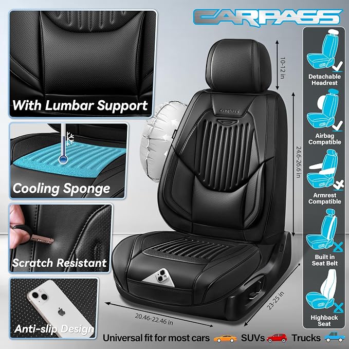 CAR PASS Luxury Nappa Leather Car Seat Covers Two Front, Lumbar Support Seat Covers for Car 2 Seats, Waterproof Car Seat Protector, Automotive Seat Cover Universal Fit for Most Sedans SUV Trucks Black