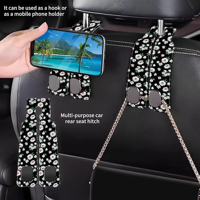 Purse Hook for Car Little White Daisy Flowers 1 Pack Headrest Back Seat Hook Premium Leather Double Metal Hanger Storage Pack Bag Purse Holder Car Interior Accessories
