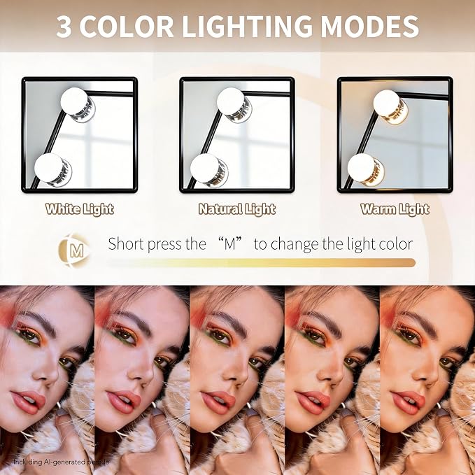 Makeup Vanity Mirror with LED Lights Makeup Mirror Detachable 10X Magnification, Hollywood Make Up Mirror with Lighting, Smart Touch, Rechargeable,360° Rotation, Black 17.12"x13.77"
